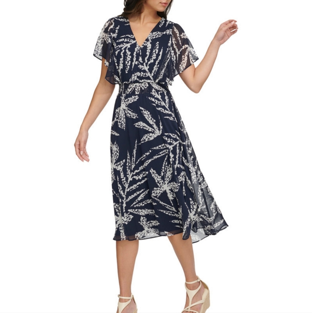 Elegant DKNY Navy Floral Dress Chifon